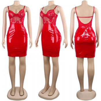 PU Leather Lace Dress 2019 Women Spaghetti Strap Party Mini Dress See Through Sexy Club Wear Black Blue Red